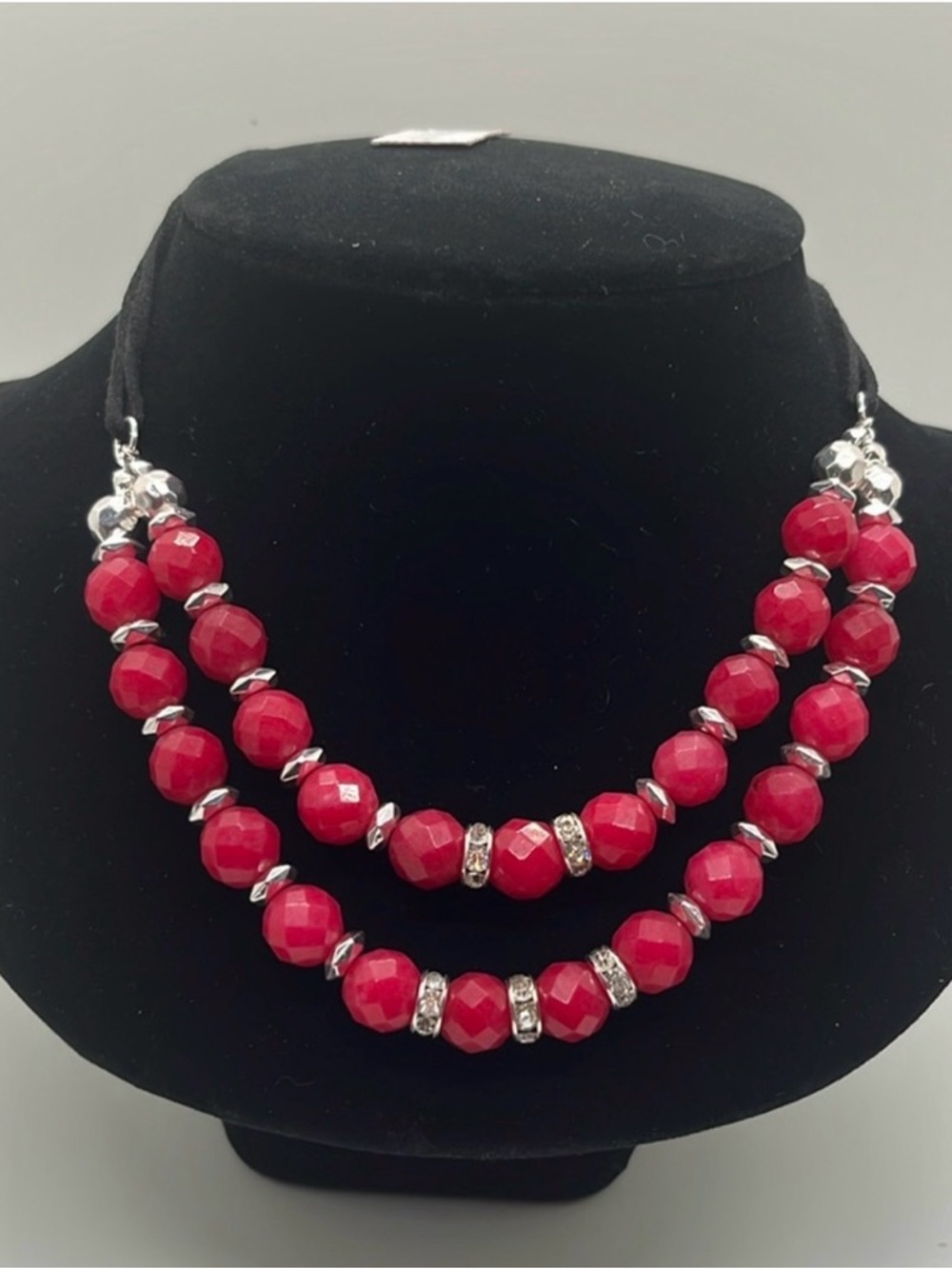 White House Black Market Red Faceted Double-Strand Necklace with Silver Accents